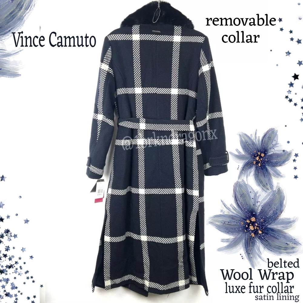Brand New Vince Camuto Wool Belted Navy White Plaid Trench Coat Fur LARGE FUR - Picture 12 of 17